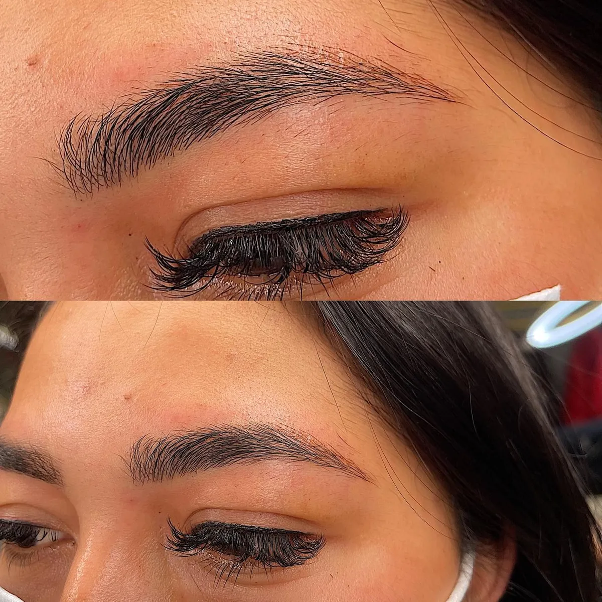 Brow shaping and lash enhancement before and after by V Nails Lacombe