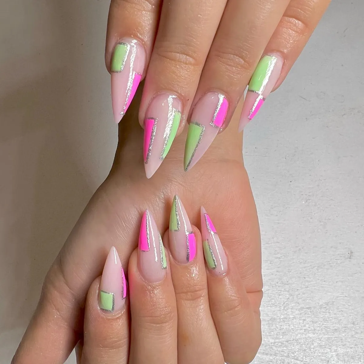 Pink and green pastel colour-block nails by V Nails Lacombe